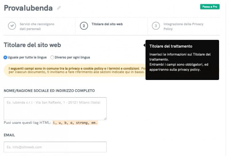 Privacy policy dati titolare sito web