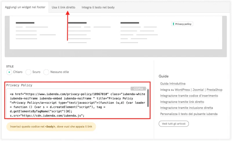 Privacy policy iubenda integrazione sito web