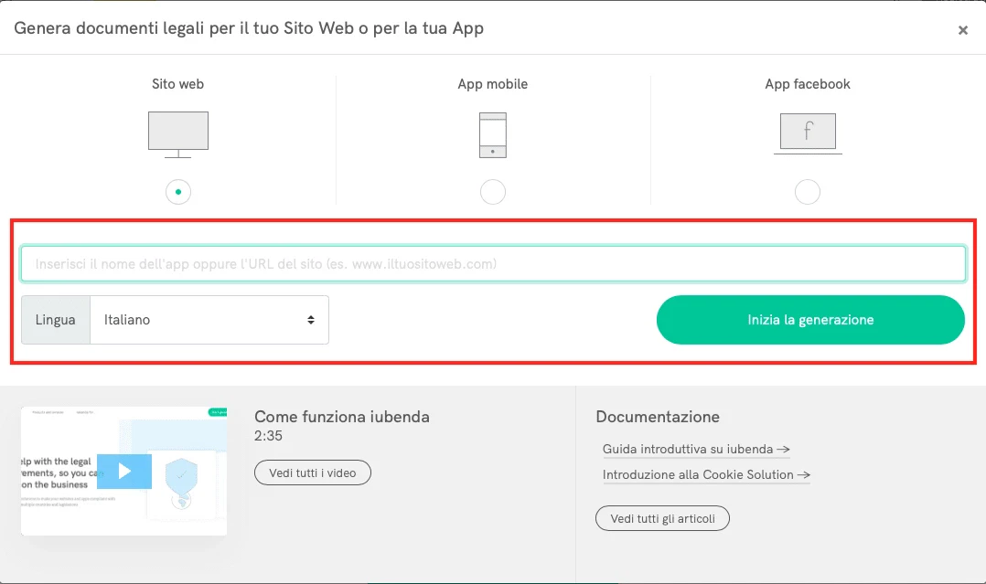 Privacy policy iubenda url lingua