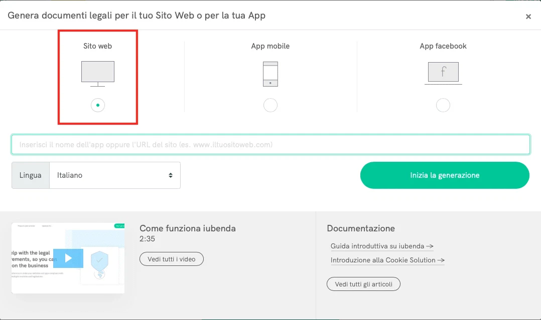 Privacy policy sito web app