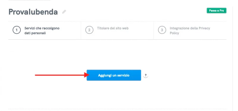 Privacy policy sito web iubenda aggiungi servizio