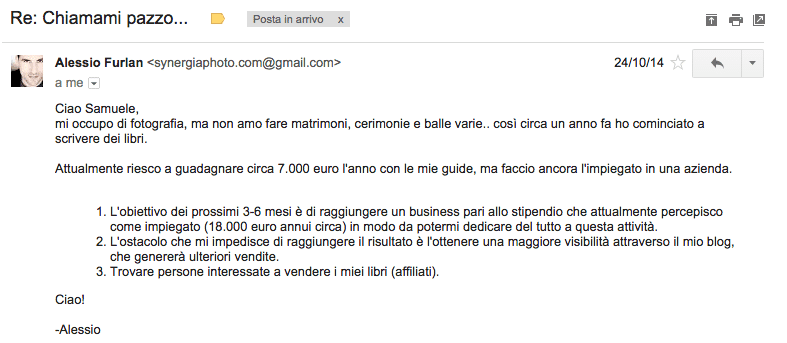 La mail Alessio Furlan a Samuele Onelia