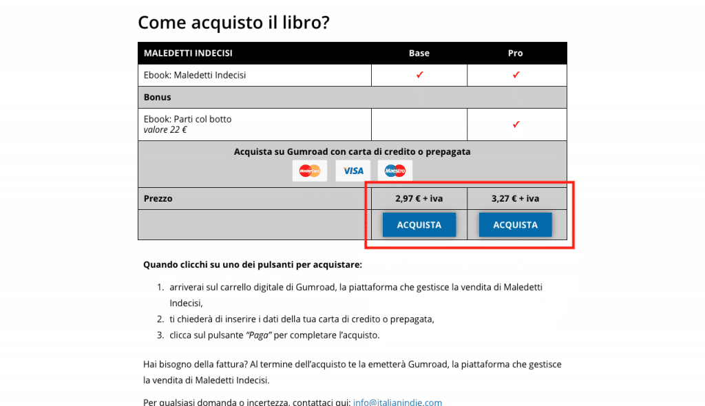 Invito all'acquisto su una landing page