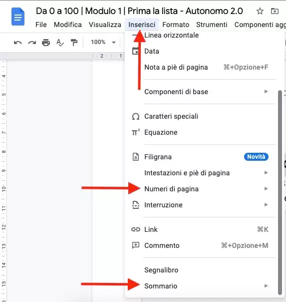 Sommario e Numeri di Pagina su Google Doc