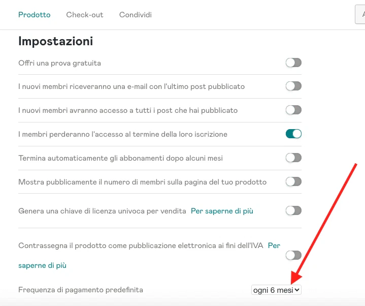 Frequenza di pagamento di una membership su gumroad