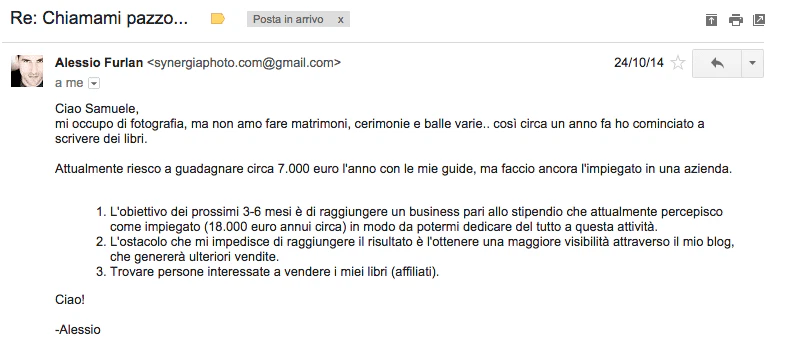 La mail Alessio Furlan a Samuele Onelia