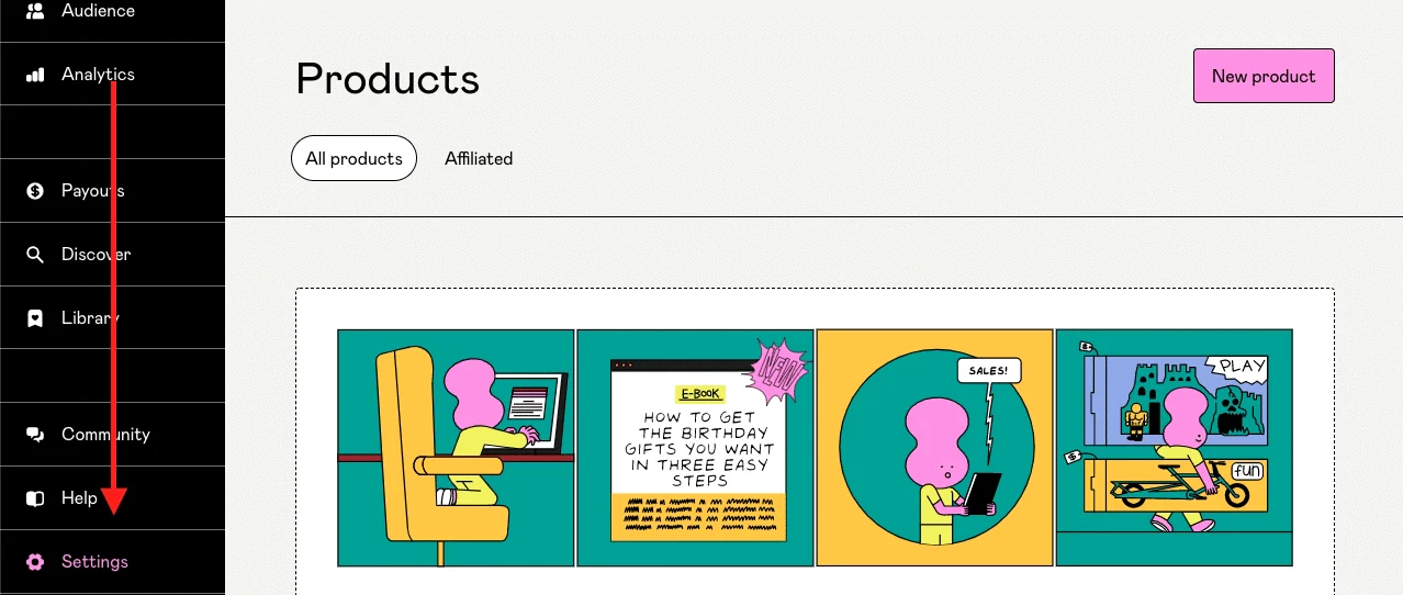 Gumroad menù impostazioni