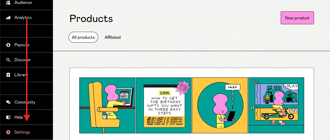 Gumroad menù impostazioni