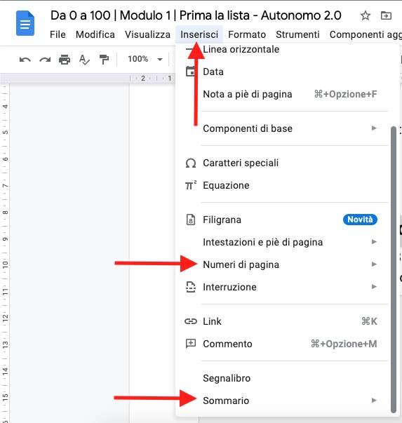 Sommario e Numeri di Pagina su Google Doc